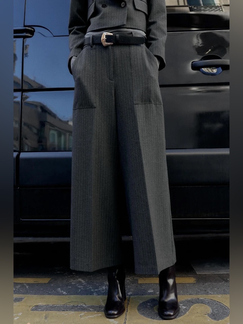 NWT. Zara Grey Viscose Blend Pinstripe Belted Culottes. Size S.